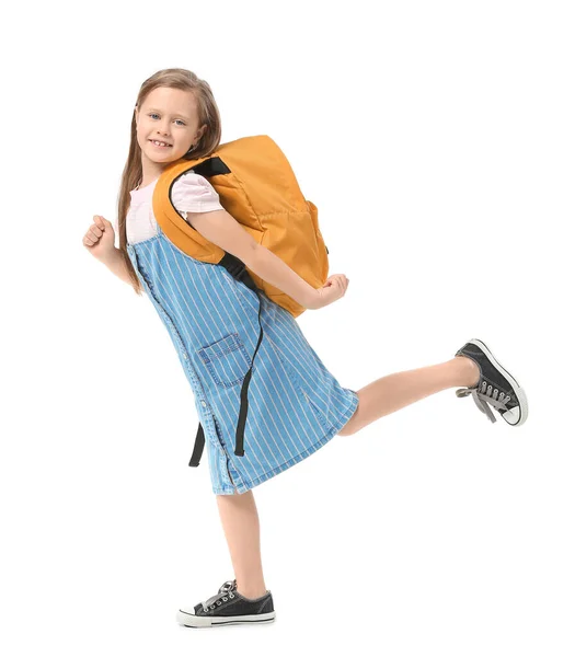 Menina Bonito Com Mochila Fundo Branco — Fotografia de Stock