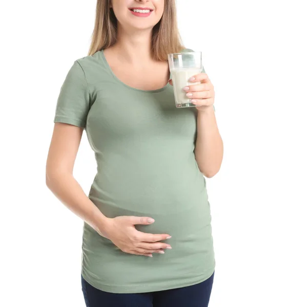 Belle Femme Enceinte Avec Lait Sur Fond Blanc — Photo