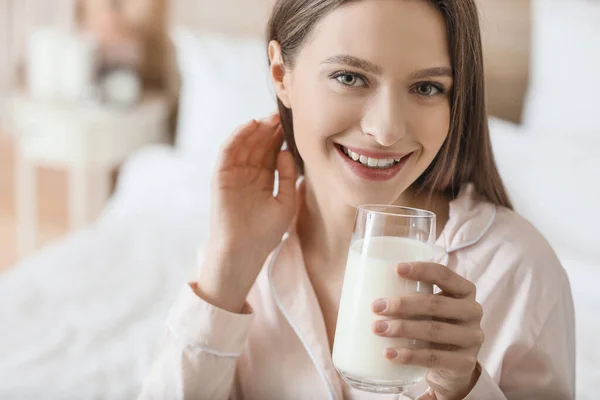 Young Woman Drinking Milk Bedroom — Stock Photo, Image