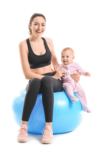 Young Sporty Mother Her Baby Doing Exercises Fitball White Background — Stock Photo, Image