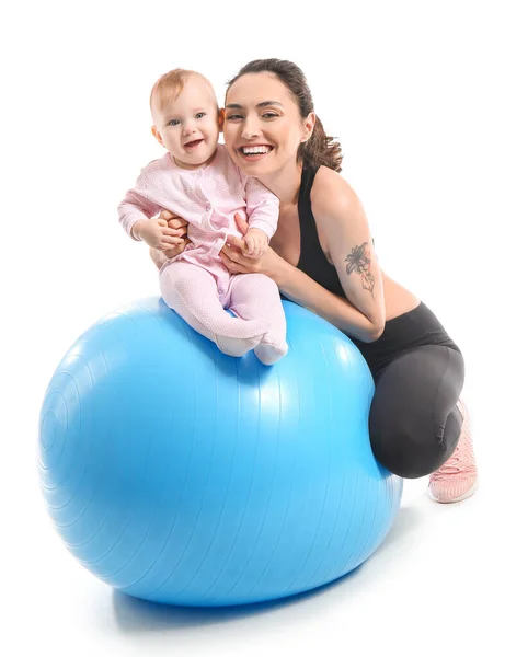 Young Sporty Mother Her Baby Doing Exercises Fitball White Background — Stock Photo, Image