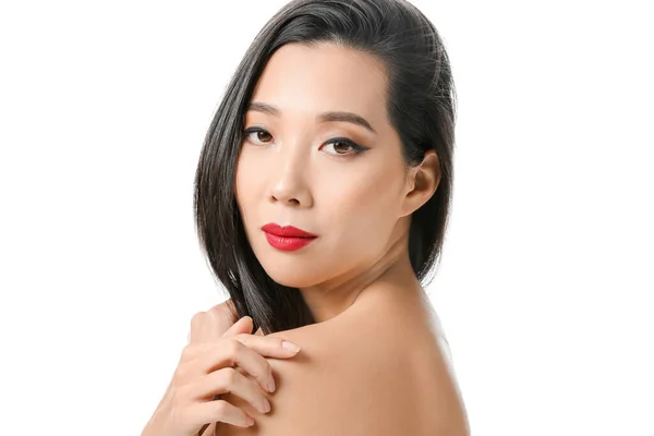 Jovem Mulher Asiática Com Cabelo Bonito Fundo Branco — Fotografia de Stock