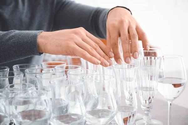 Young Man Playing Music Glasses Water Home Closeup — Stock Photo, Image