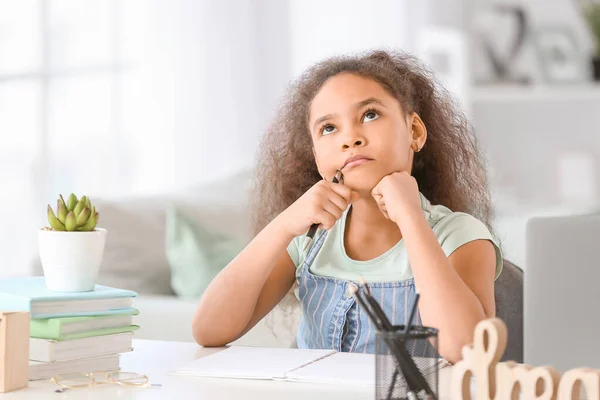 Thoughtful African American Girl Doing Homework Room — Stock Photo, Image