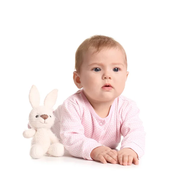 Bebê Bonito Roupas Elegantes Com Brinquedo Fundo Branco — Fotografia de Stock