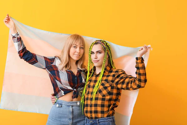 Portrait Young Transgender Couple Flag Color Background — Stock Photo, Image