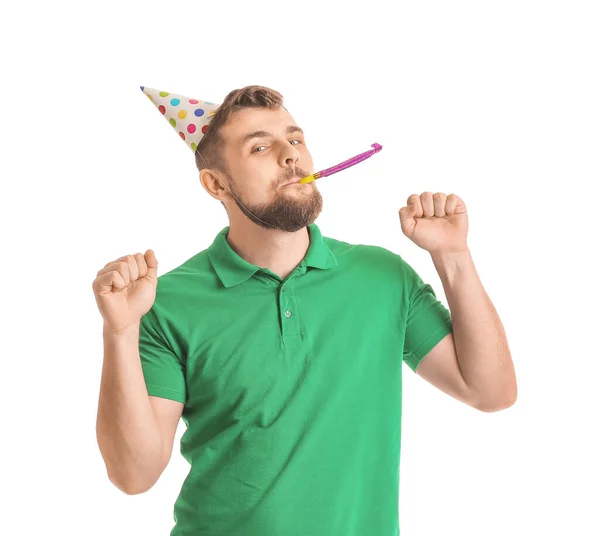Schöner Mann Feiert Geburtstag Auf Weißem Hintergrund — Stockfoto