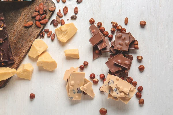 Sweet Chocolate Nuts White Wooden Table — Stock Photo, Image