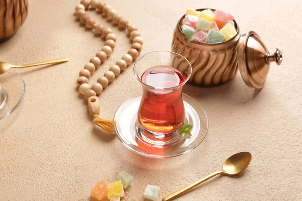 Tasty Turkish Tea Sweets Tasbih Color Background — Stock Photo, Image