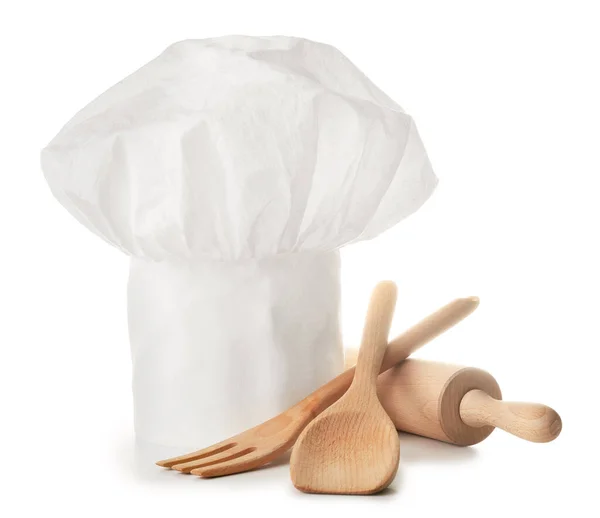 Καπέλο Σεφ Και Μαγειρικά Σκεύη Λευκό Φόντο — Φωτογραφία Αρχείου