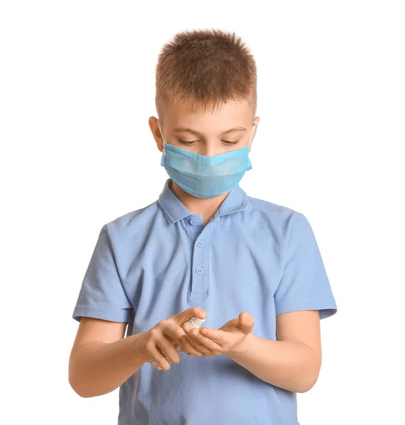 Little Boy Protective Mask Sanitizer White Background Concept Epidemic — Stock Photo, Image