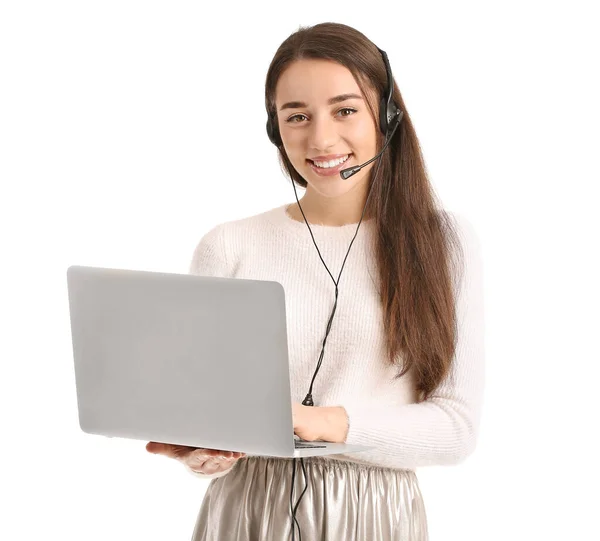 Schöne Junge Frau Mit Laptop Auf Weißem Hintergrund — Stockfoto