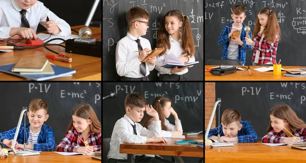 Collage Foto Con Bambini Piccoli Carini Lezione Fisica Classe — Foto Stock