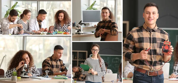 Collage of photos with young people at physics lesson in classroom