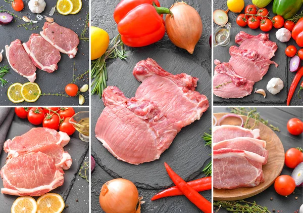 Collage Fotos Con Carne Cerdo Cruda Verduras — Foto de Stock