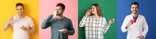 Collage Bilder Med Ungdomar Som Dricker Varmt Kaffe — Stockfoto