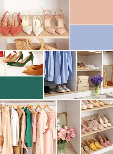 Collage of photos with modern wardrobe. Different color patterns