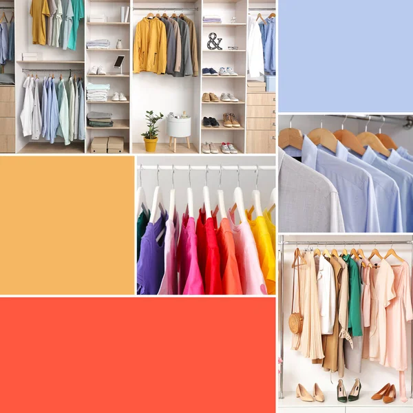Kolaż Zdjęć Nowoczesną Garderobą Różne Wzory Kolorów — Zdjęcie stockowe