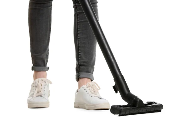 Jeune Homme Avec Aspirateur Sur Fond Blanc — Photo