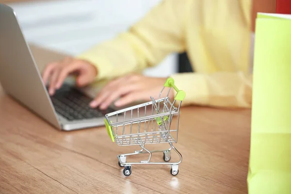 Young Woman Laptop Shopping Cart Home — Stock Photo, Image