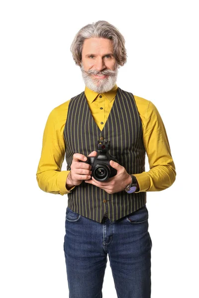 Красивый Старший Фотограф Белом Фоне — стоковое фото