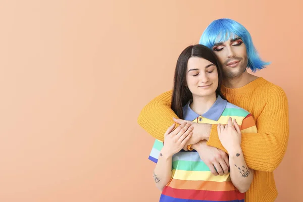 Portrait Young Transgender Couple Color Background — Stock Photo, Image