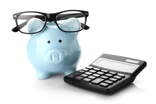 Calculator Piggy Bank Eyeglasses White Background — Stock Photo, Image