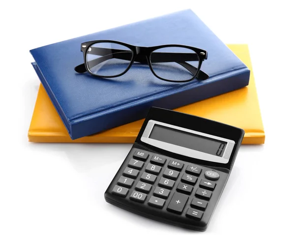 Kalkulator Okularami Notebookami Białym Tle — Zdjęcie stockowe