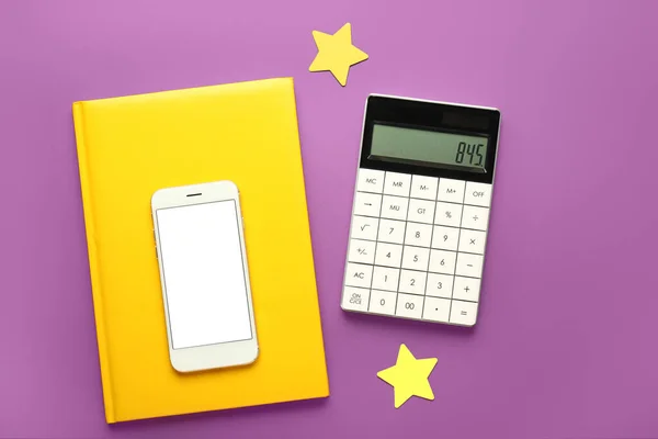 Calculator Stationery Mobile Phone Color Background — Stock Photo, Image