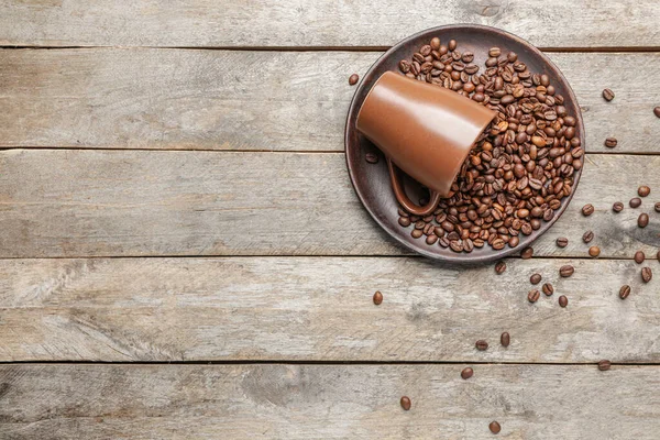 Cup Plate Coffee Beans Wooden Background — Stock Photo, Image