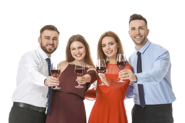 Pessoas Felizes Com Copos Vinho Fundo Branco — Fotografia de Stock