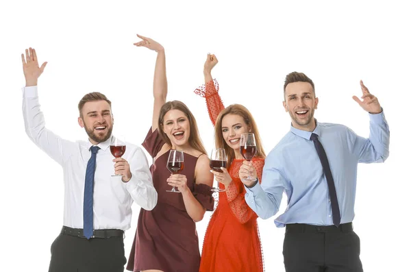 Ευτυχισμένοι Άνθρωποι Ποτήρια Κρασί Λευκό Φόντο — Φωτογραφία Αρχείου