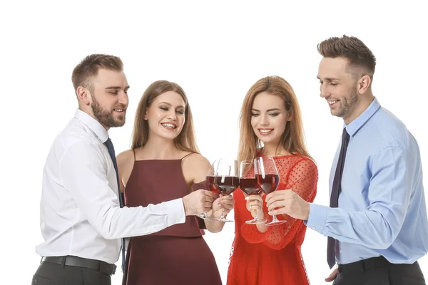 Pessoas Felizes Com Copos Vinho Fundo Branco — Fotografia de Stock