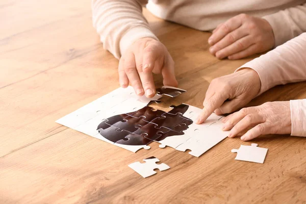 Elderly People Suffering Mental Disability Doing Puzzle Home Closeup — Stock Photo, Image