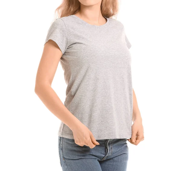 Donna Elegante Shirt Sfondo Bianco — Foto Stock