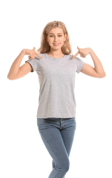 Frau Stylischen Shirt Auf Weißem Hintergrund — Stockfoto