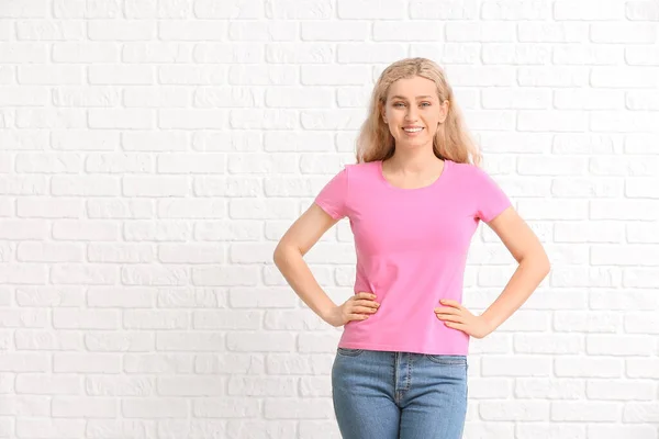 Woman Stylish Shirt White Brick Background — Stock Photo, Image