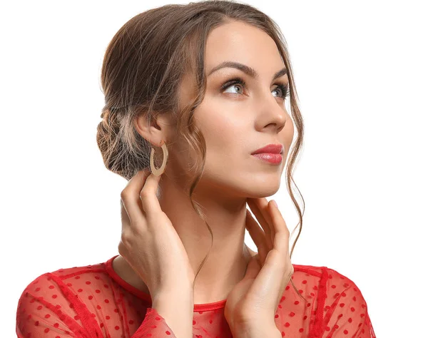 Jeune Femme Avec Beaux Bijoux Sur Fond Blanc — Photo