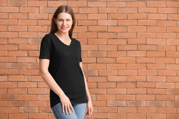 Young Woman Stylish Shirt Brick Background — Stock Photo, Image