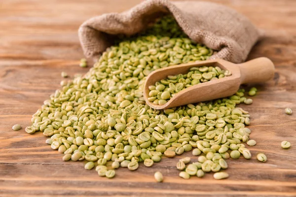 Sack Scoop Green Coffee Beans Table — Stock Photo, Image