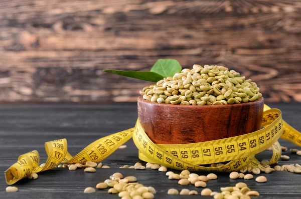 Bowl Green Coffee Beans Measuring Tape Table — Stock Photo, Image