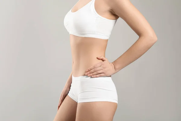 Young Woman Underwear Grey Background Plastic Surgery Concept — Stock Photo, Image