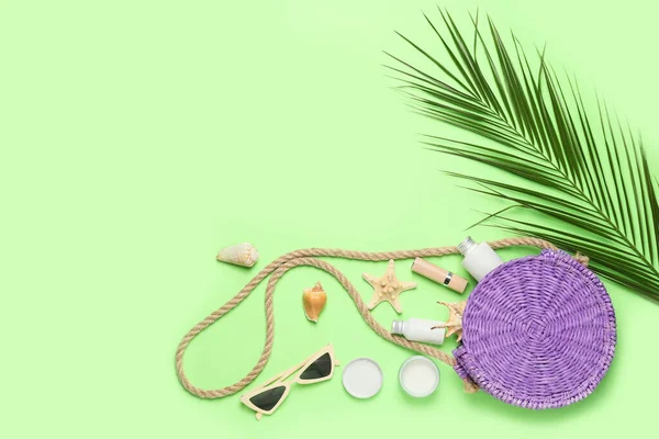 Summer Composition Beach Accessories Color Background — Stock Photo, Image