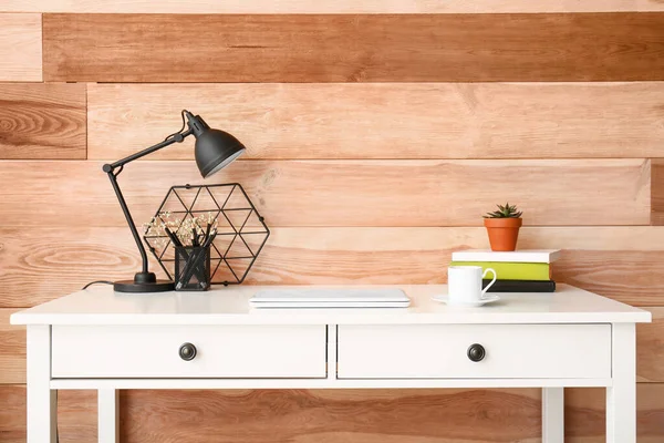 Modern Stylish Workplace Wooden Wall — Stock Photo, Image