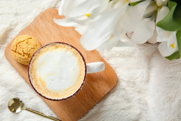 Kopje Koffie Bloemen Koekje Zacht Plaid — Stockfoto