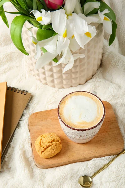 Cup Coffee Flowers Cookie Soft Plaid — Stock Photo, Image