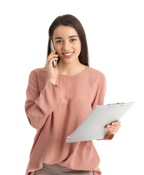 Mulher Bonita Falando Por Telefone Fundo Branco — Fotografia de Stock