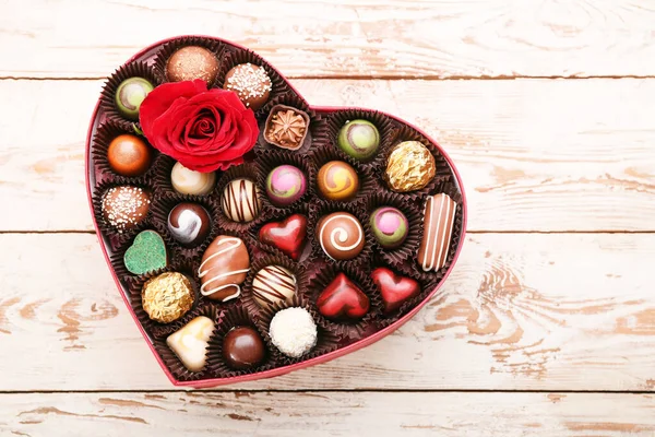 Heart Shaped Box Delicious Candies Wooden Background — Stock Photo, Image