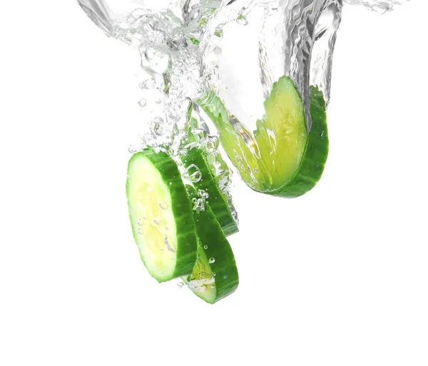 Falling Fresh Cucumber Slices Water White Background — Stock Photo, Image