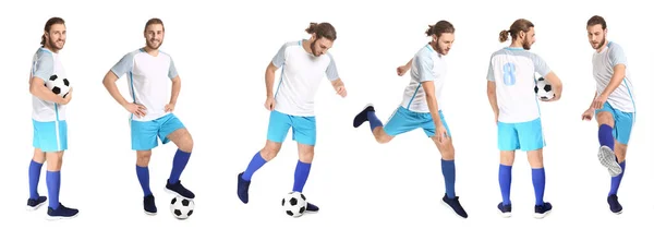 Collage Met Mannelijke Voetballer Witte Achtergrond — Stockfoto